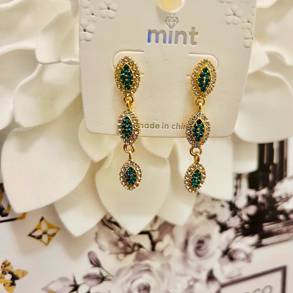 MINT Gold and Green, Red, Black, Blue or Crystal Drop Earrings New